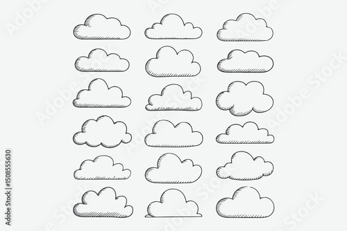Clouds sketch. Vintage hand drawn sky background with large and small detailed cloudy shapes. Retro pencil drawing. Isolated monochrome cloudscape elements set.