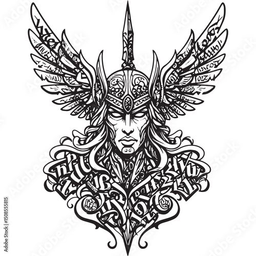 Detailed Valkyrie Vector Art with Graffiti Elements for Apparel