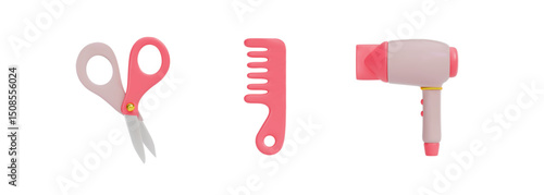 Icons for hairdressing salons in pink colors. Hair dryer, scissors and comb. Made in minimalistic 3d style in vector on isolated white background.