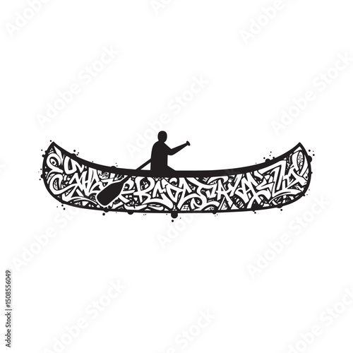 Canoe icon with graffiti tags, black and white vector design for