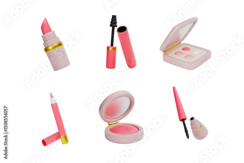 set of 3d icons in vector. Facial cosmetics: lipstick, mascara, shadow, pencil, blush, eyeliner all for makeup. on a white isolated background