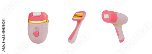 Set of devices for removing unwanted body hair epilator, razor and photo epilator for cosmetic treatments at home. vector 3d icons on isolated white background.
