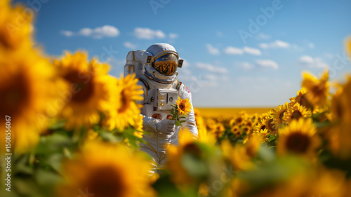 Astronaut standing in the middle of a field of bright yellow sunflowers, holding a flower,  joyful and vibrant mood