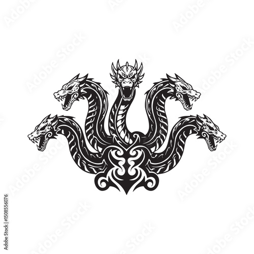 Intricate black and white vector illustration of a hydra with tr