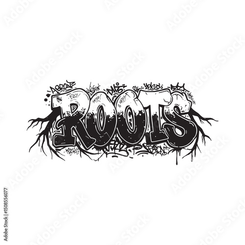 Roots Icon in Graffiti Style with Tags, Black and White Vector I