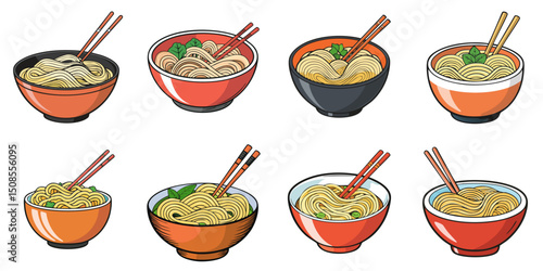 Vector illustration of multiple ramen and udon noodles, outline