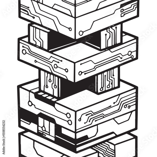 Cyberpunk jenga tower vector icon for modern apparel and merchan