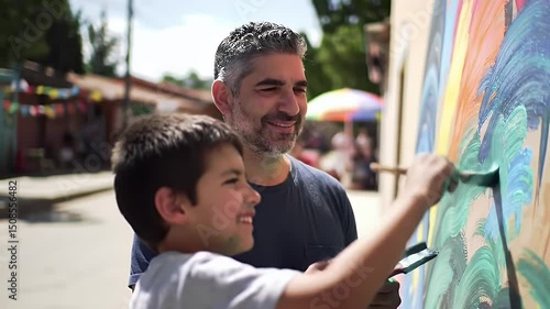 Father and son painting a vibrant outdoor mural together