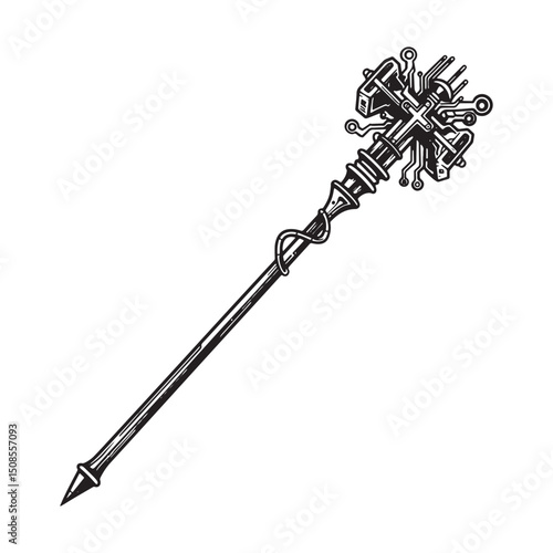 Cyberpunk Pilgrim's Staff Icon - Black and White Vector Art for