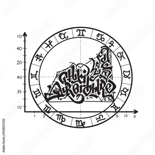 Astrological chart illustration with stylized calligraphy, monoc