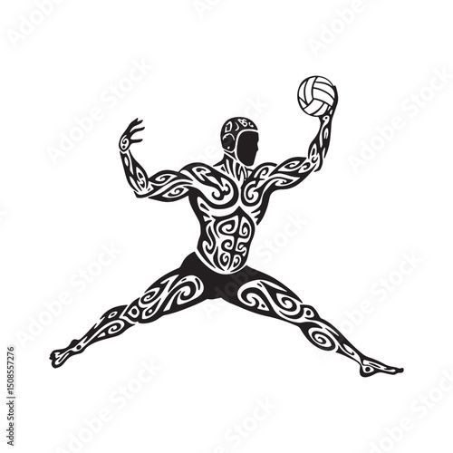 Striking Water Polo Player Icon with Tribal Tattoo Design Illust