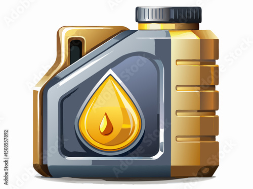 A high-quality vector of a motor oil container with clear label and golden oil drop, isolated on white