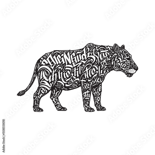 Striking black and white panther artwork with intricate textual