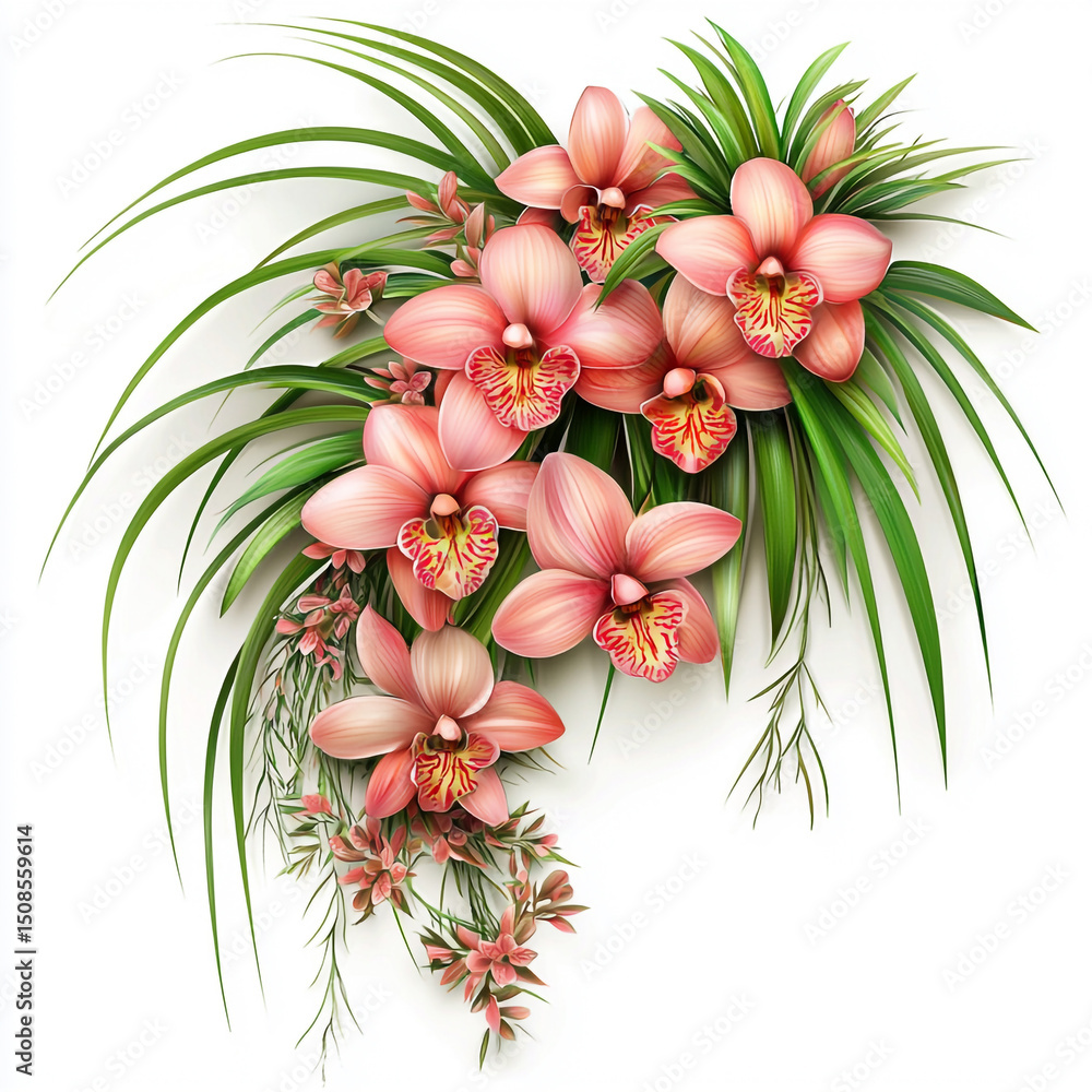 Fototapeta premium Elegant arrangement of peach orchids and vibrant green foliage, floral elegance, beauty