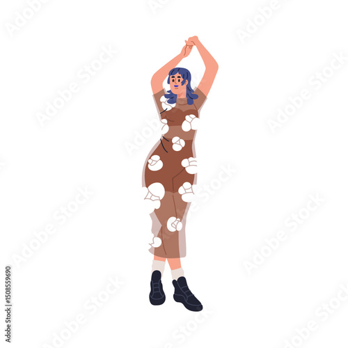 Confident woman in dress, boots. Body-positive female, girl with blue dyed hair, curvy figure, posing with arms up, wearing translucent clothing. Flat vector illustration isolated on white background.