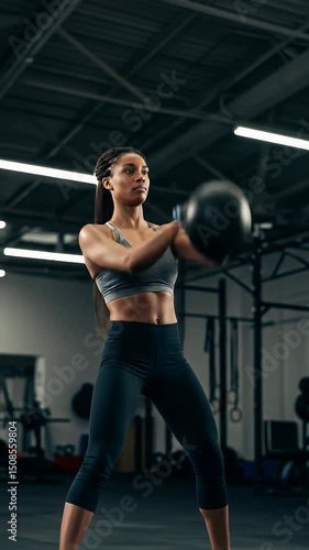 Fitness woman performing kettlebell exercise in gym dynamic athletic workout