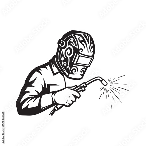Skilled Tig Welder with Tribal Tattoo Style Vector for Merchandi