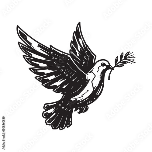 Futuristic Cyberpunk Peace Dove Icon with Olive Branch Vector Ar