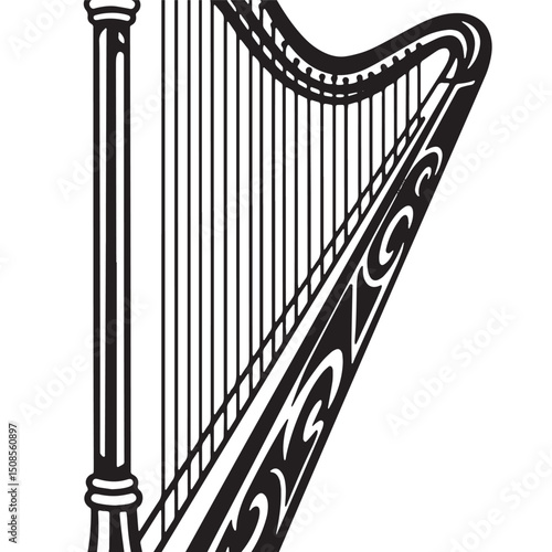Stylized Harp Icon with Tribal Tattoo Elements for Merchandise P