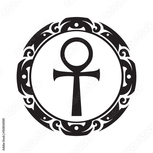 Egyptian Ankh Symbol with Tribal Tattoo Style Frame Vector Illus