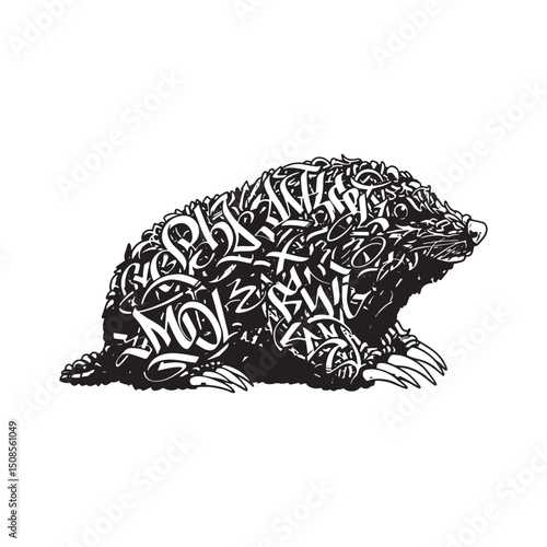 Stylized Mole Illustration with Graffiti Accents in Black and Wh