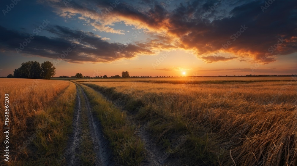Fototapeta premium Sunset Over Golden Wheat Field Rural Landscape
