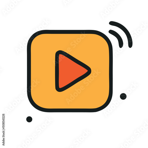 Orange square play button for multimedia projects. Tech background for video streaming, online content, digital marketing, audio playback, and interactive design.