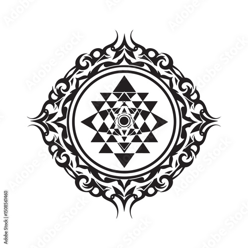 Elegant Sri Yantra Symbol with Intricate Tribal Tattoo Style Bor