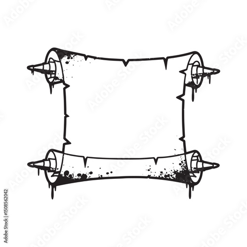 Medieval parchment scroll icon with dripping paint effect in bla