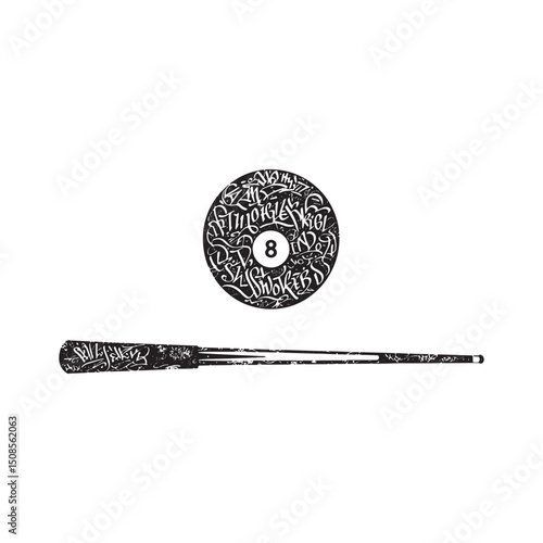 Black and white snooker ball with graffiti and cue vector graphi