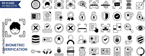Biometric and Verification icon set in duotone style. Containing ID card, biometric, fingerprint check, person identification, signature, passport and more. Vector illustration