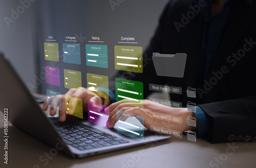 Agile software development or project management using kanban or scrum method boards, processes, workflows, visual organizers and framework technologies.