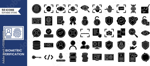 Biometric and Verification icon set in solid style. Containing ID card, biometric, fingerprint check, person identification, signature, passport and more. Vector illustration