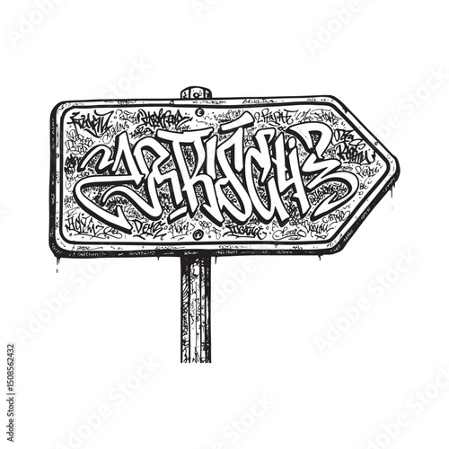 Road Sign Icon with Artistic Graffiti Tags in Black and White Ve