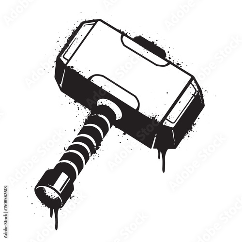 Thor's Hammer Icon with Dripping Paint Stencil, Black and White
