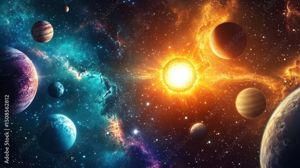Fototapeta premium A breathtaking view of the universe showing colorful planets and a bright sun in a cosmic space. Discover the wonders beyond Earth.