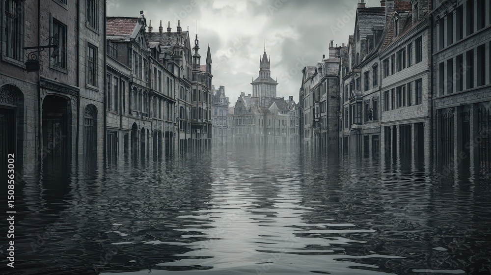 Fototapeta premium Flooded streets of a hauntingly beautiful city architecture urban landscape serene atmosphere dramatic viewpoint