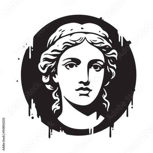 Vesta Goddess Icon with Dripping Paint Stencil Black and White V