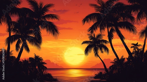 Silhouette tropical sunset over the ocean.
