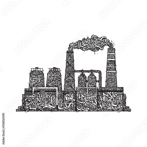 Monochrome Vector Illustration of an Industrial Refinery with Gr