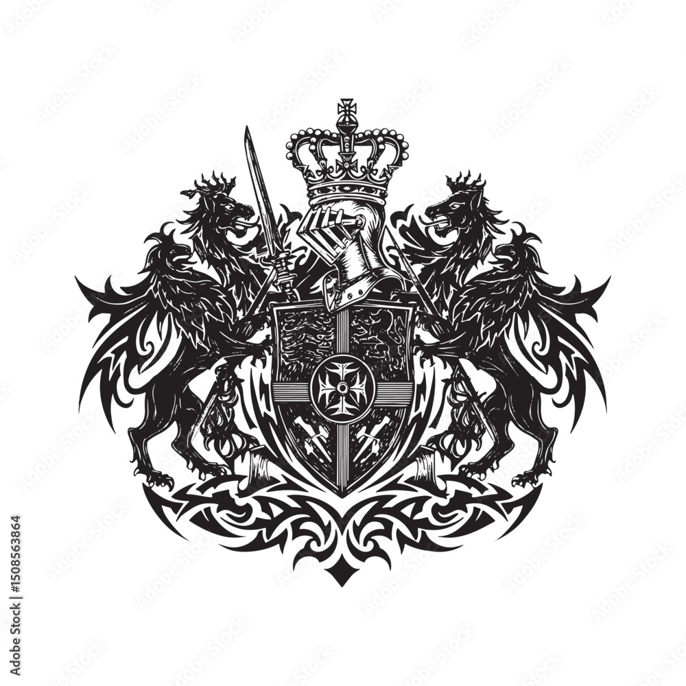 Obraz premium Intricate black and white vector of a royal coat of arms with tr