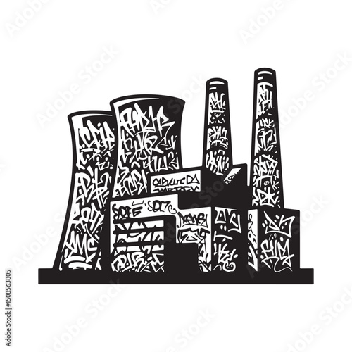 Graffiti Adorned Industrial Complex Silhouette Vector for Appare