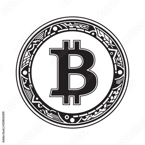 Cryptocurrency Bitcoin icon with tribal tattoo, vector for merch