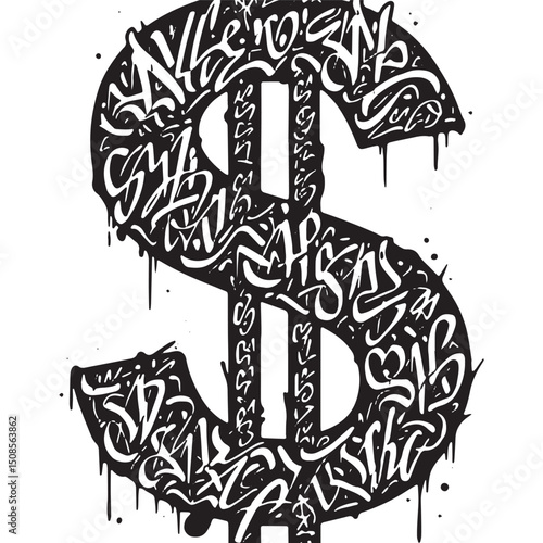 Singapore Dollar sign with graffiti, black and white vector illu