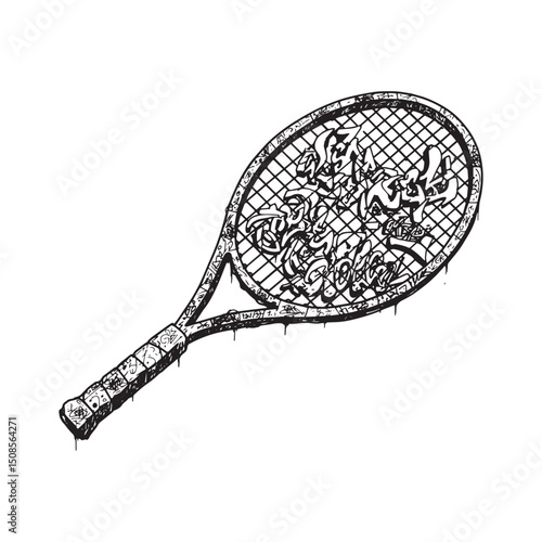 Stylized Tennis Racket with Graffiti Art, A Modern Urban Design