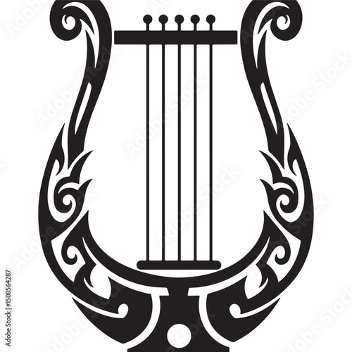 Elegant black and white lyre icon with tribal tattoo detailing f
