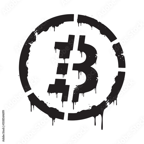 Black and white bitcoin logo icon with paint drips artwork stenc