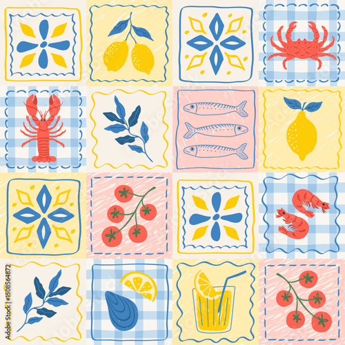 Mediterranean tile seamless pattern. Mosaic print with hand drawn lemon, cocktail, lobster, tomatoes, sardine, crab, shrimp. Italian summer vacation patchwork. Vector illustration.