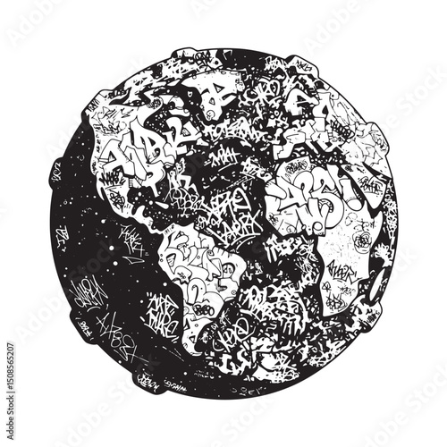 Monochrome globe covered in graffiti tags, vector illustration f