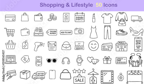 Shopping and lifestyle icons collection featuring various symbols like shopping bags, clothing, cosmetics, and payment methods, conveying vibrant